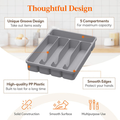 Lifewit Silverware Organizer with Lid, Covered Utensil Tray for Kitchen Drawer and Countertop, Plastic Cutlery and Flatware Storage Box for Spoons Forks Knives Holder Case, 6 Compartments, Black