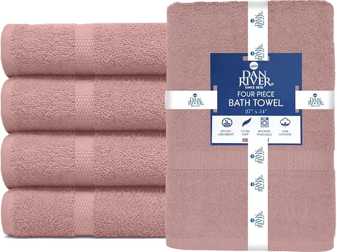DAN RIVER Bath Towels Set of 4, 27 x 54 Inches, 100% Cotton, Larger & Lighter