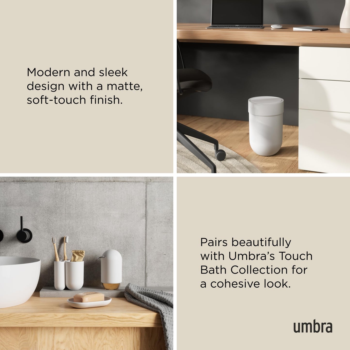 Umbra 023269-660 Touch, Small Trash, Swing Waste Basket, Garbage Can with Lid for Washroom/Bathroom, White Bath