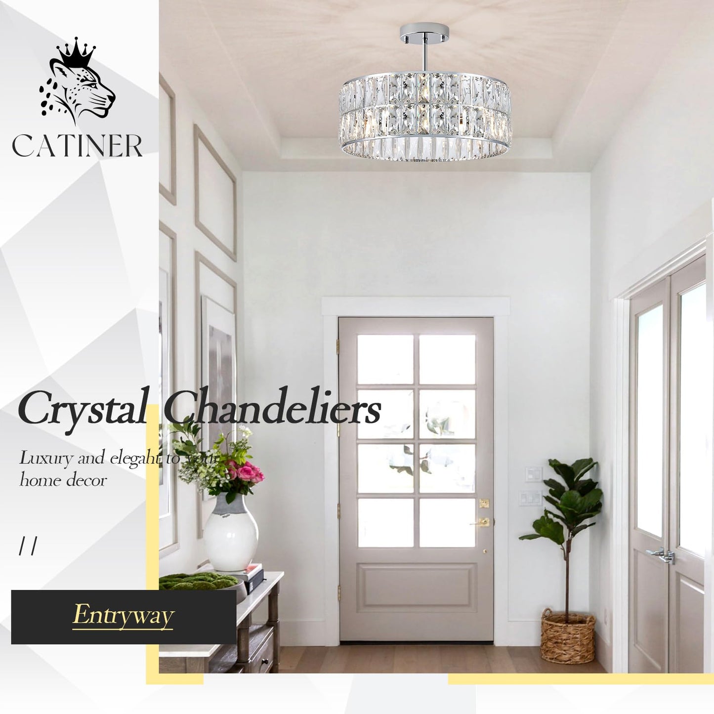 CATINER Modern Crystal Chandelier 18”Chrome Semi Flush Mount Ceiling Light Fixtures 6-Lights Drum Crystal Pendant Lighting for Dining Room Foyer Bedroom Living Room
