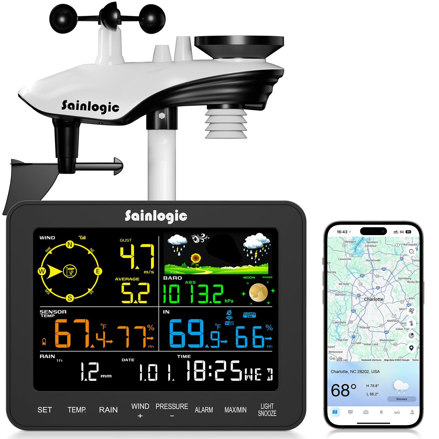 Sainlogic Smart WiFi Weather Station, Wireless Indoor Outdoor Weather Station with 24/7 Weather Forecast, Wind Speed, Rain Gauge, Alerts & 2-Year Data Export for Home Garden