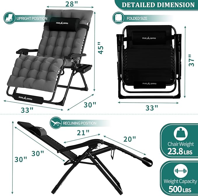 UDPATIO Oversized Zero Gravity Chair, 33In XXL Patio Reclining Chair with Cushion, Outdoor Folding Recliner with Pillows|Cup Holder|Foot Rest|Padded Headrest, Dark Grey, Support 500LB