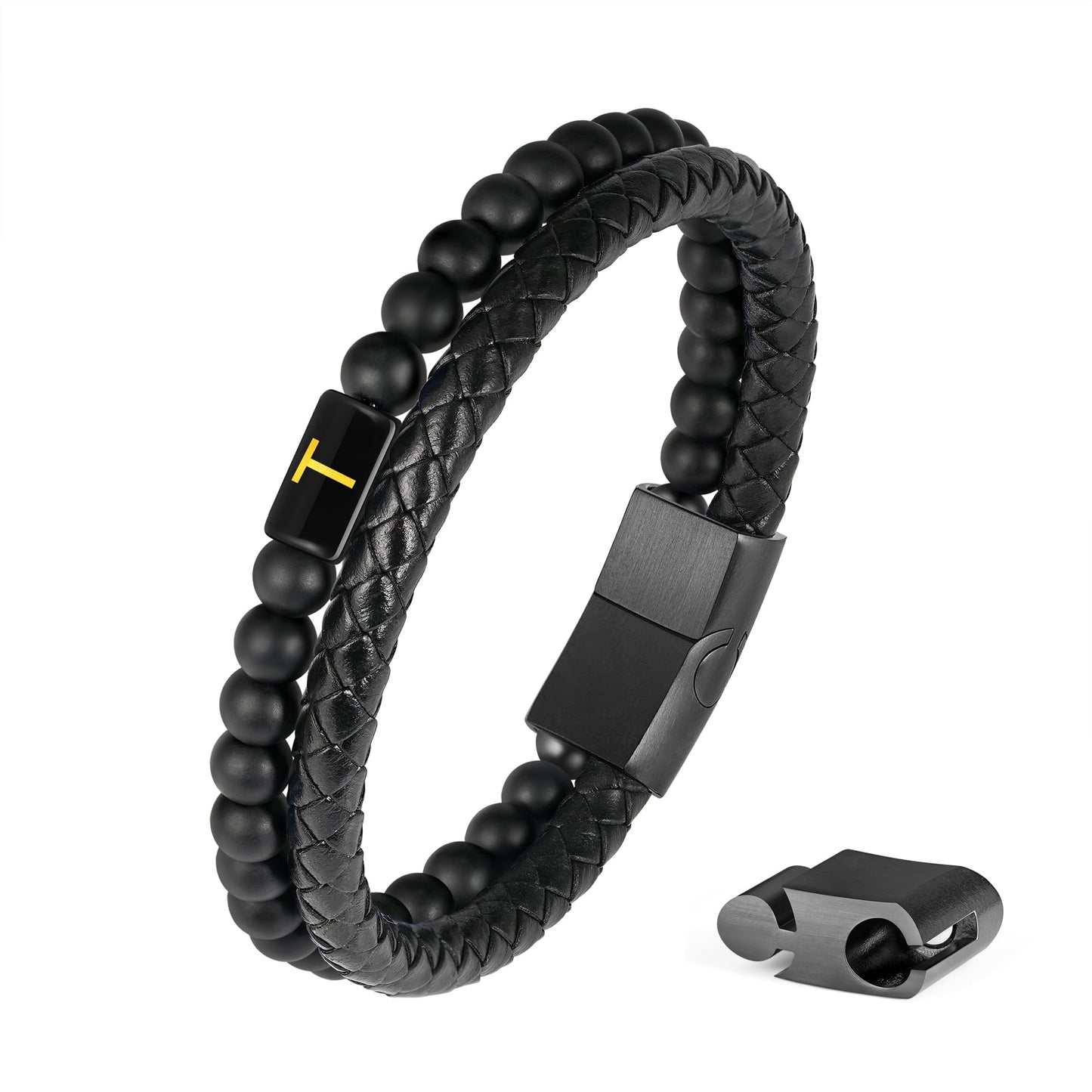 FOCOOG Men's Leather Initial Bracelet with Matte Agate Stone Beads - 8 Inch Modern Unisex Bracelet