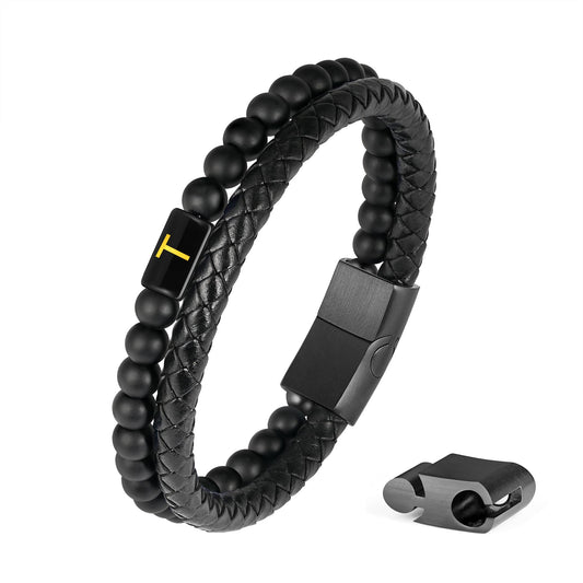 FOCOOG Men's Leather Initial Bracelet with Matte Agate Stone Beads - 8 Inch Modern Unisex Bracelet