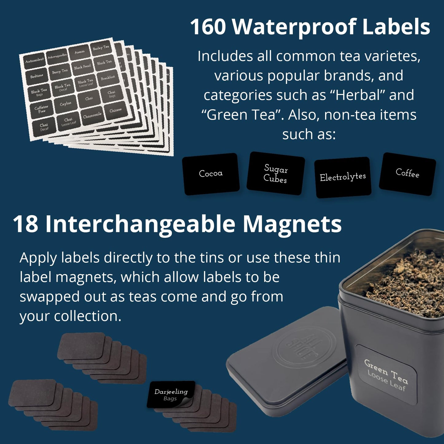 AllSpice Tea Organizer Rack with 9 Tins & 160 Magnetic Labels – Perfect for Bagged & Loose Leaf Tea Organization - Black