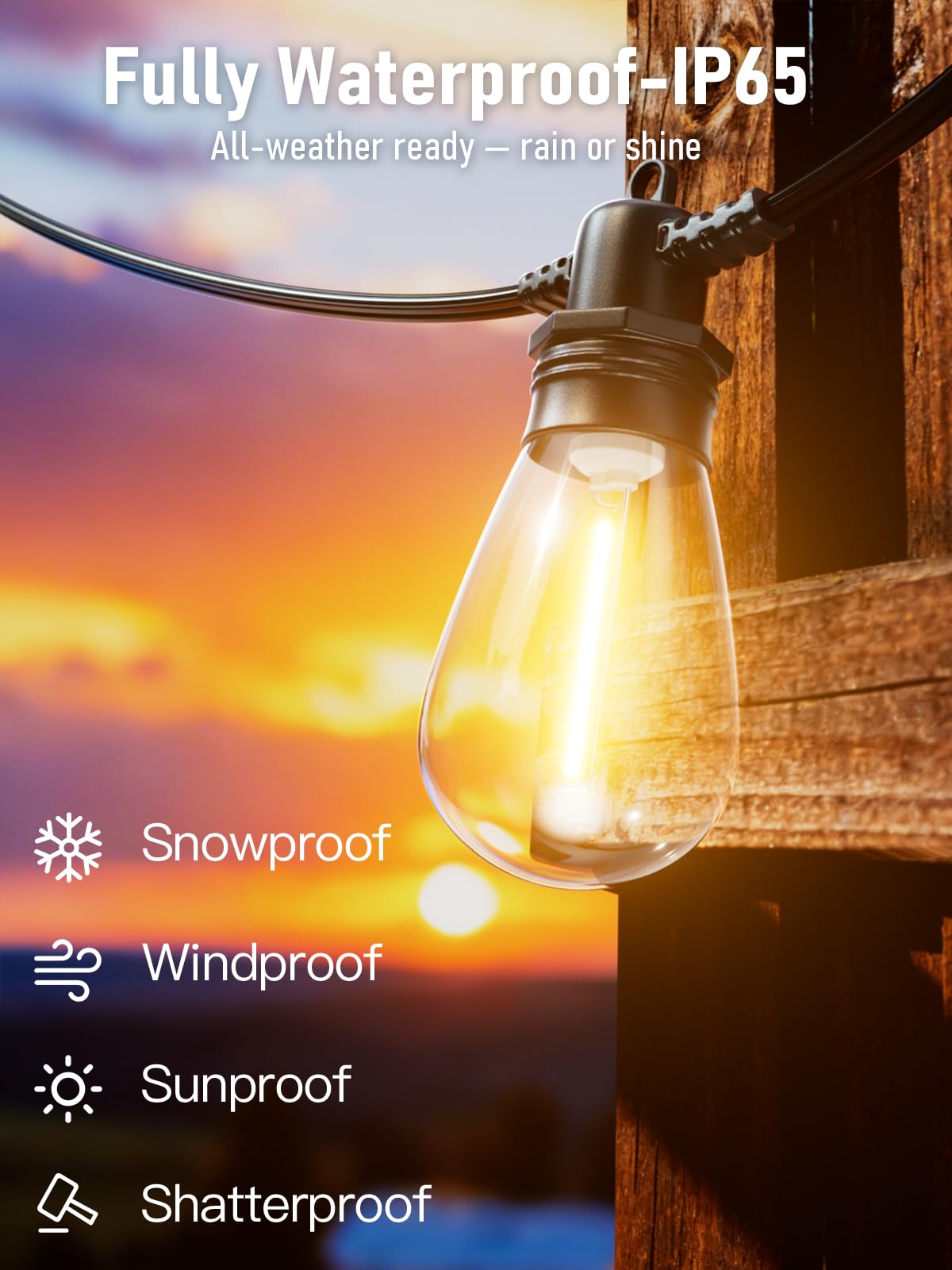 Jerritte 60FT LED Outdoor String Lights with 16+1 Edison Shatterproof IP65 Waterproof Bulbs, 2700K Dimmable Commercial Grade Patio Lights for Garden, Porch, Deck Decor