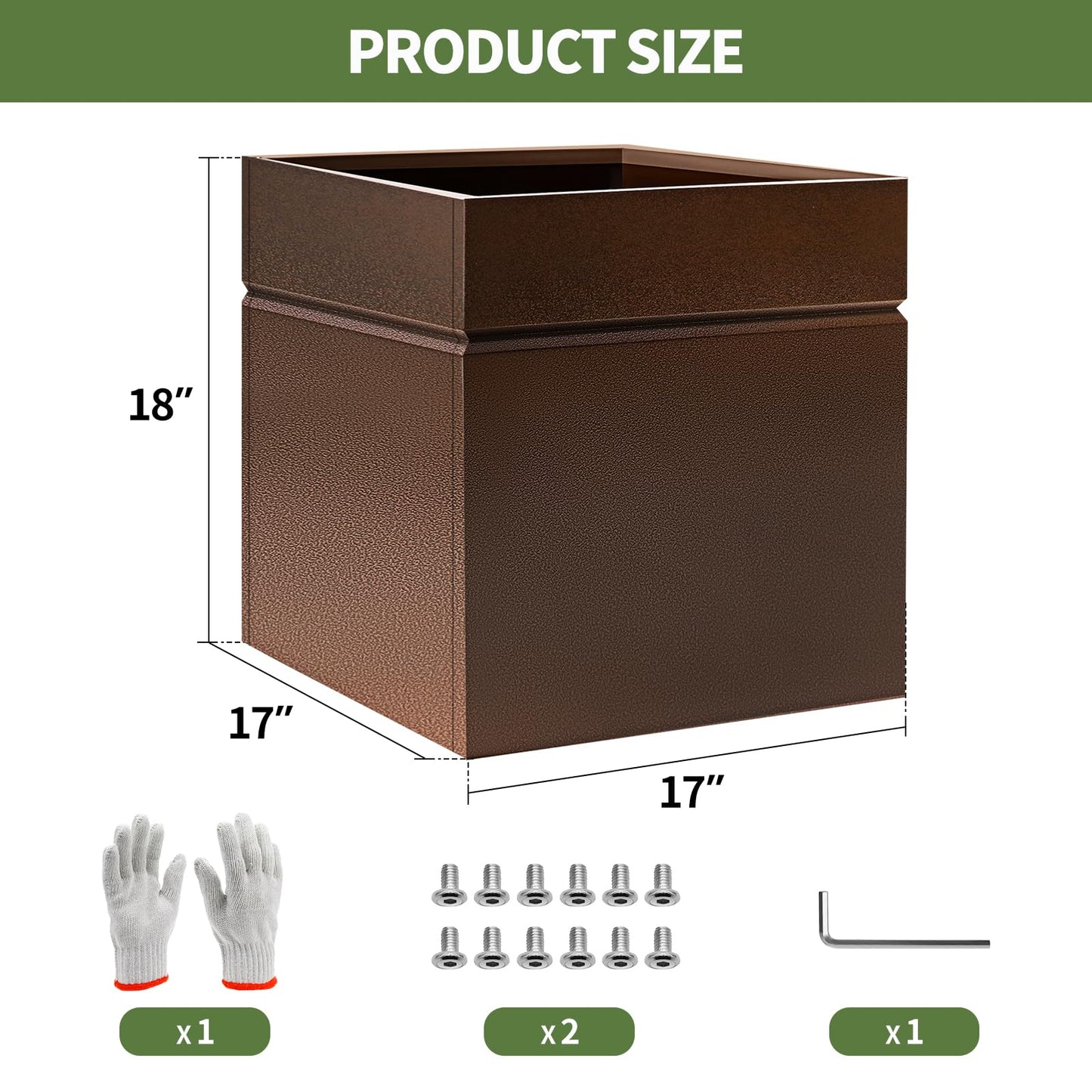 HONYTA Matel Planter Box 17" L x 17" W x 18" H, Cube Heavy Duty Powder Coating Steel Planters with Drainage Hole, Indoor Outdoor All-Weather Use for Home, Porch, Patio, Garden(Bronze)