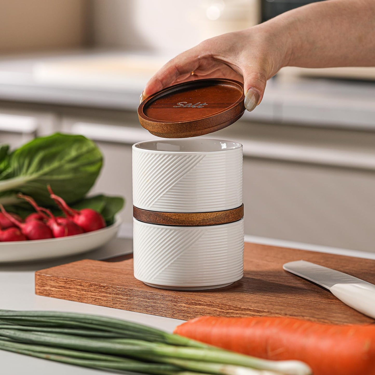 Adewnest Salt and Pepper Bowls: 10 oz Ceramic Stackable Spice Cellar with Wooden Lid - Stacked Seasoning Storage Containers for Countertop Stovetop - Striped, White