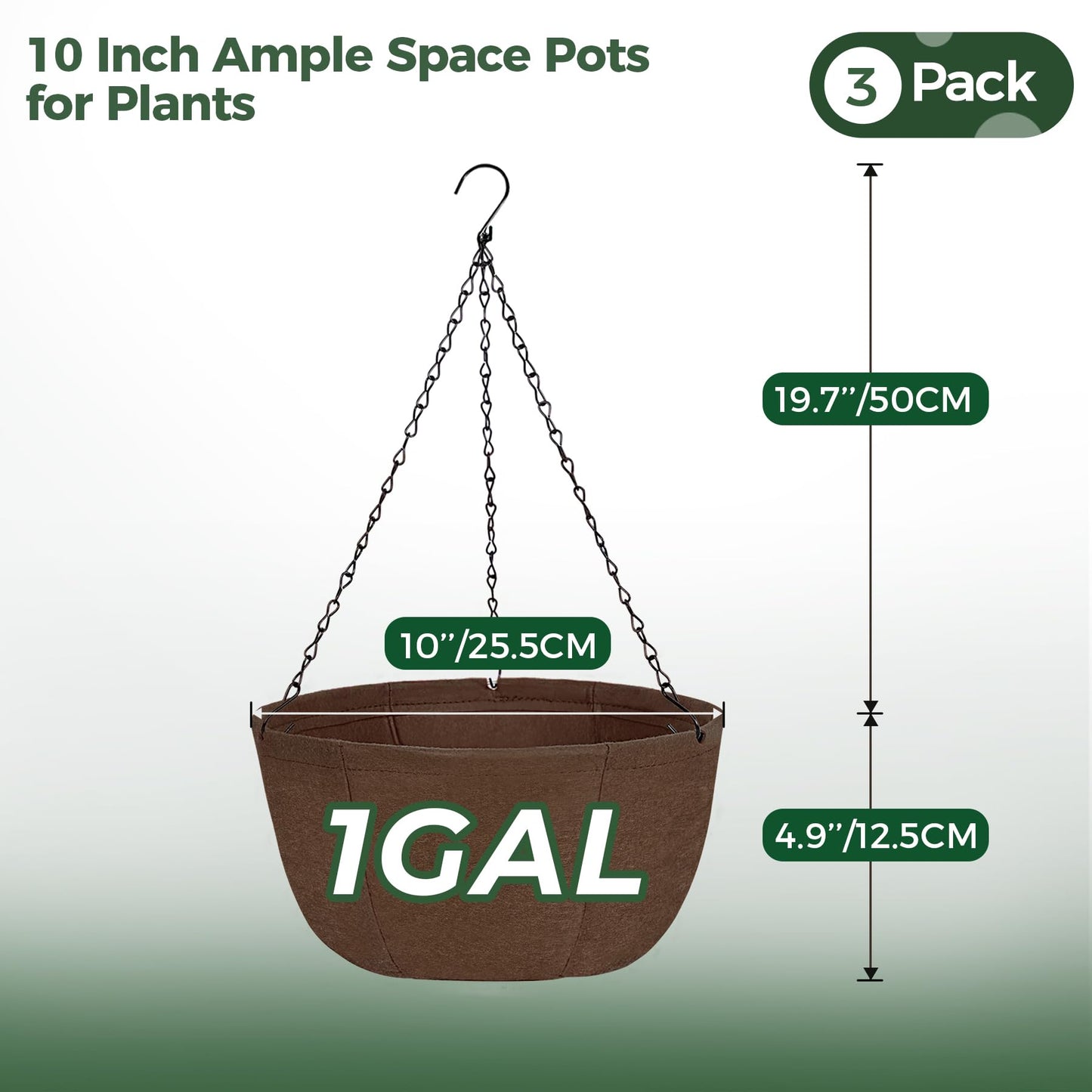 T4U Hanging Planters for Outdoor Plants, 3 Pack 10 Inch Hanging Baskets for Plants Outdoor with Rustproof Chain, Fabric Hanging Pots for Plants, Hanging Planter for Balcony Porch Deco, Brown