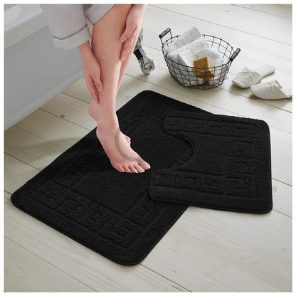 GC GAVENO CAVAILIA Greek Key Pattern Bath Mats 2 Piece Sets Non Slip, Soft Washable Rug Quick Dry Water Absorbent Bathroom Shower Mat & Pedestal Set, Black