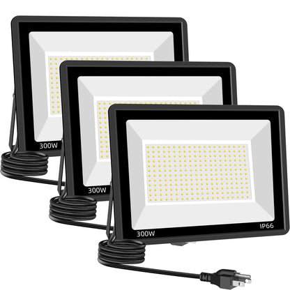 Sunkkes 3 Pack 300W Warm White Flood Lights Outdoor, 36000LM Super Bright Flood Light, Exterior Security Light, IP66 Waterproof Floodlight for Yard,Court, Garden, Workshop,Billboard