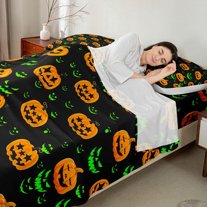 Halloween Fitted Sheet Set 4 Pieces Full Size, Holiday Theme Yellow Pumpkin Lantern and Green Gothic Sheet Set for Children Present, Bedding Set & 1 Flat Sheet & 2 Pillowcases