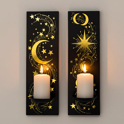 ZOOYOO Moon and Star Wall Candle Sconces Set of 2, Black Iron Wall Sconce with Gold Foil,Celestial Farmhouse Wall Decor for Bedroom Living Room,Wall Candle Holder for Yoga Meditation,Astronomy Gift