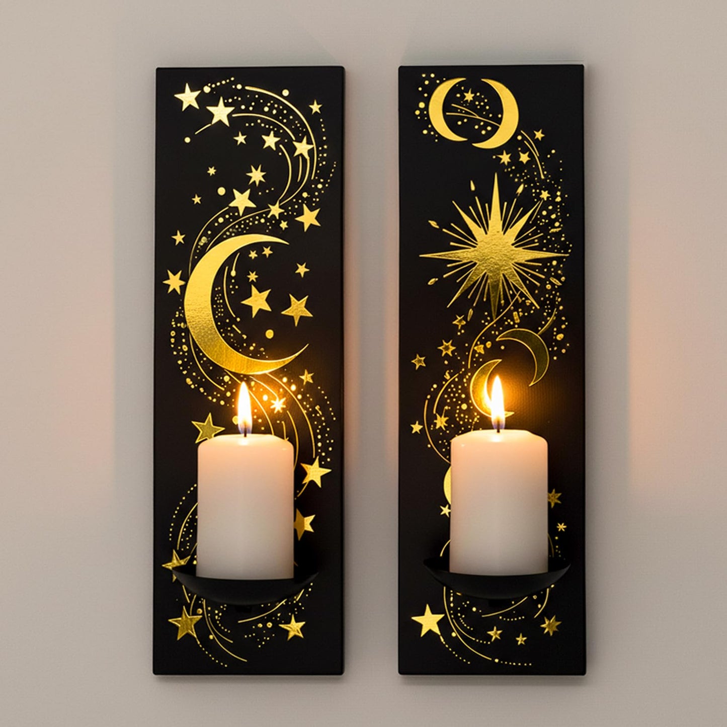 ZOOYOO Moon and Star Wall Candle Sconces Set of 2, Black Iron Wall Sconce with Gold Foil,Celestial Farmhouse Wall Decor for Bedroom Living Room,Wall Candle Holder for Yoga Meditation,Astronomy Gift