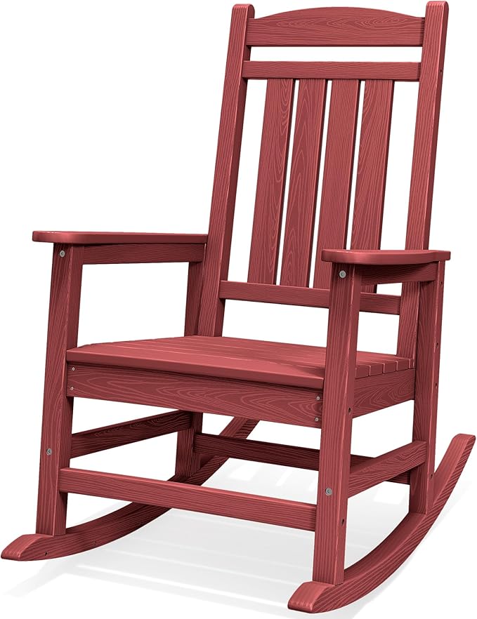 SERWALL Oversized Outdoor Rocking Chair, All-Weather Patio Rocking Chair, HDPE Porch Rocker for Adults, Red