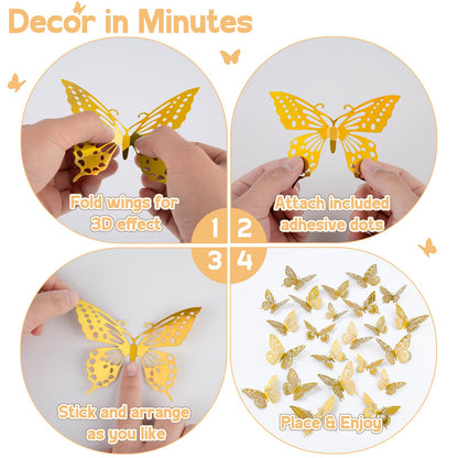 Phuryllic Butterfly Wall Decor, 48pcs 3D Butterfly Stickers in 3 Sizes & 4 Styles for Balloon Arch & Cake Decorations, Cute Decals for Girls Room & Birthday Party, Laser Pink