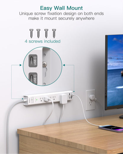2 Pack Power Strip Surge Protector - 5 Widely Spaced Outlets 3 USB Charging Ports, 1875W/15A with 5Ft Braided Extension Cord, Flat Plug, Overload Surge Protection, Wall Mount for Home Office,White