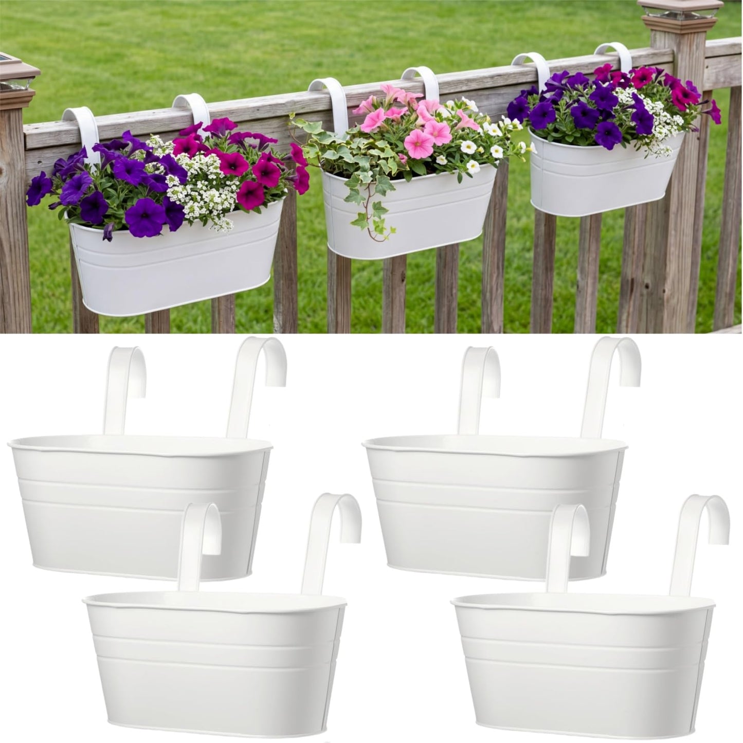 Hicarer 4 Pcs Metal Hanging Flower Pots for Railing Fence, 10.6 Inch Hanging Rail Planters for Outdoor Window Balcony Plants Holder with Hooks for Garden Yard Home Decor (White)