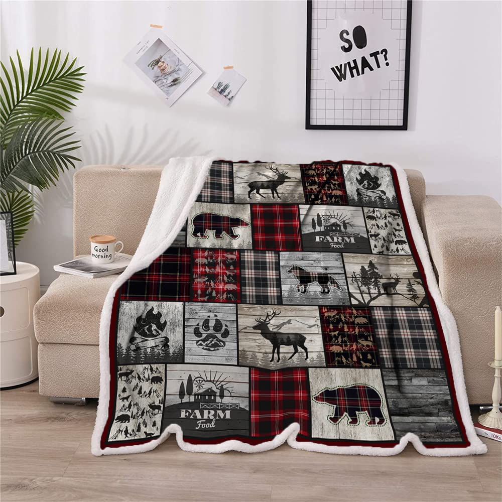 Belperan Wolf Bear and Deer Throw Blanket Rustic Cabin Decor Woodland Blanket Plaid Christmas Blanket Gifts for Women Southwestern Farmhouse Decor for Couch Bed Livingroom
