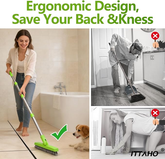 ITTAHO 2 Pack Grout Brush with Long Handle, Swivel Cleaning Grout Line Scrubber