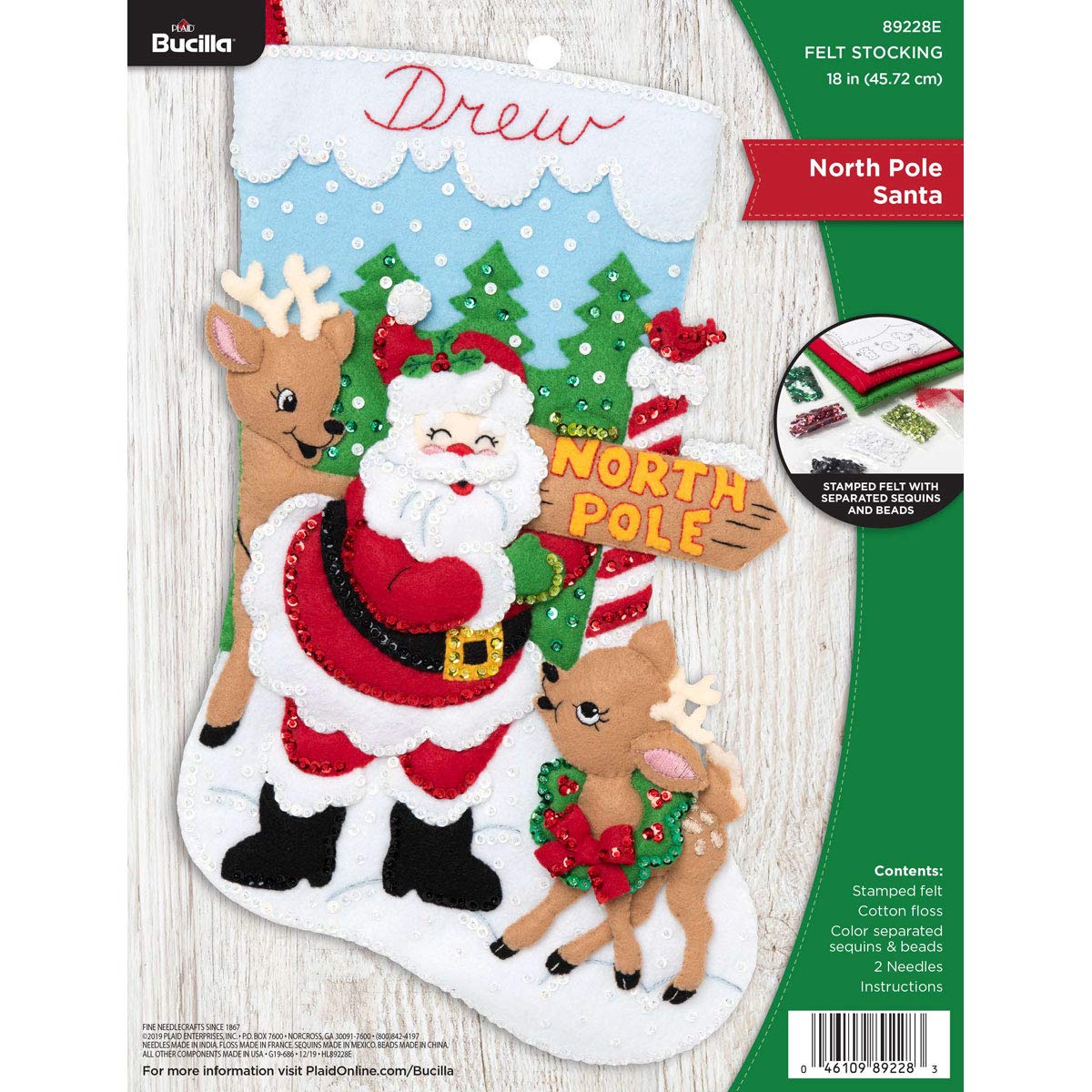 Bucilla 89228E Felt Applique Christmas Stocking Kit, 18", North Pole Santa
