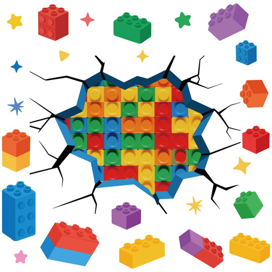 PRESSINART Building Block Wall Decals Broken Wall Sticker Colorful Bricks 3D Broken Design Peel and Stick Reusable Removable Self Adhesive Vinyl Art Decor Cling for Home Bedroom Living Room Playroom