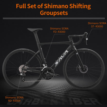 SAVADECK Carbon Disc Road Bike, Integrated Design Racing Bicycle Carbon Frame Carbon Fork with Shimano SORA R3000 Derailleur System 18 Speed Disc Brake Road Bike for Men or Women(Black,56cm)