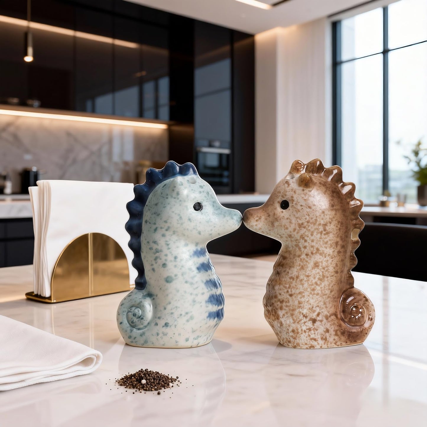 Bicuzat Ceramic Cute Sea Horse Salt & Pepper Shakers Set, Hand-Painted Sea Animals Salt and Pepper Shakers, 2 PCS Set