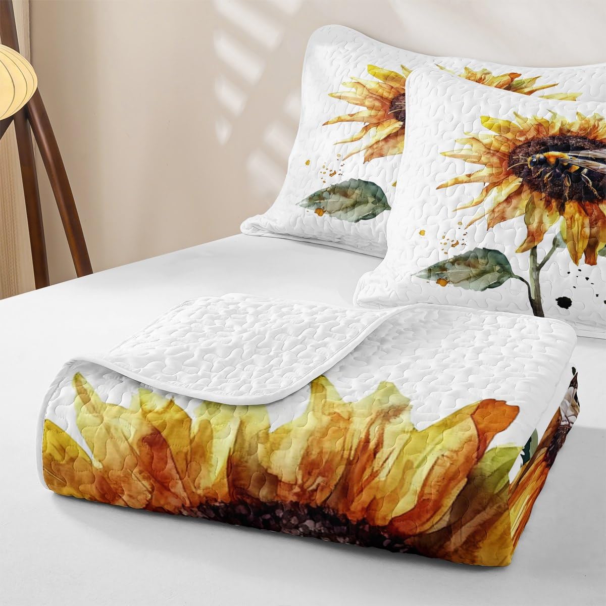 Erosebridal Sunflower Quilt Set Full Watercolor Sunflower Bedding Coverlet Garden Fresh Style Bedspread with 2 Pillowcases All Season Girl Women Soft Bed Lightweight Comforter
