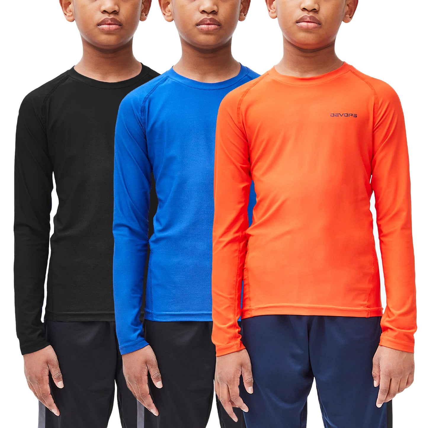 DEVOPS Youth Boys 3-Pack Compression Athletic Performance Baselayer Long Sleeve Shirts (X-Small, Black/Blue/Orange)