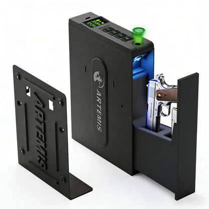 Biometric Slider Handgun Gun Safe for Home Nightstand,Cloakroom, Desk,Bed Side,Truck, Artemis Auto Sliding Door Hand Gun Safe for Pistol Unlock Fingerprint，Digital PIN，Key Access