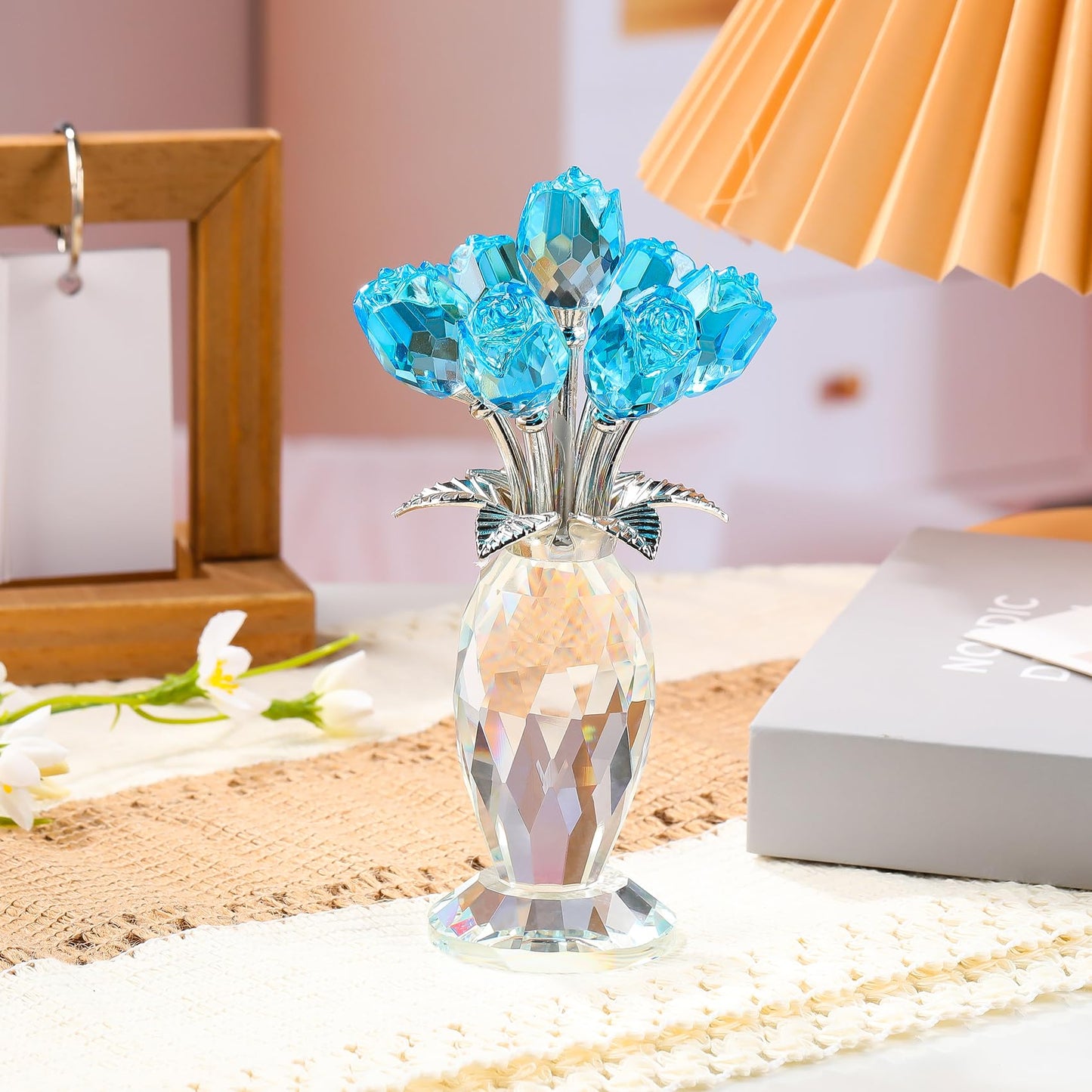 YWHL Crystal Lake Blue Rose Flower Bouquet Figurine with Vase, Handmade Glass Rose Flowers Gifts for Women on Mother's Day Valentine's, Crystal Roses with Stem Home Table Decor for Christmas