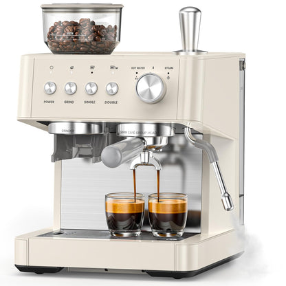 (2026 Upgrade) 15 Bar Espresso Machine with Built-in Anti-Clog Coffee Grinder, Expresso Coffee Machines with Milk Steam Wand/Frother/Tamping Tools,Espresso Maker with Grinder for Lattes-Almond