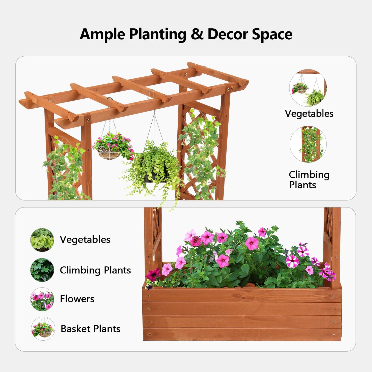 VINGLI 45 in Raised Garden Bed with Trellis & Hanging Roof, Wooden Elevated Planter Box with Drainage Holes for Outdoor Climbing Plants Vegetables Flowers, Patio Yard Balcony