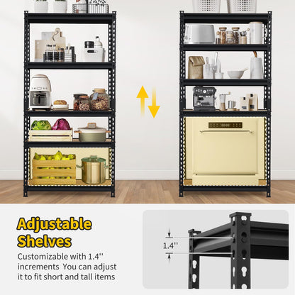 5-Tier Metal Adjustable Storage Shelving Unit, 2000 LBS Heavy-Duty Garage Shelve, 48'' x 24'' x 72'' Shelf Organizer for Garage, Kitchen, Bathroom Laundry, Closet (Black)