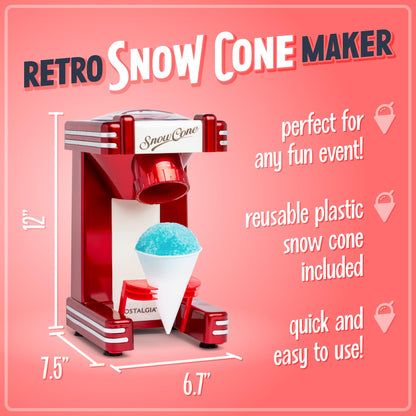 Nostalgia Snow Cone Shaved Ice Machine - Retro Table-Top Slushie Machine Makes 20 Icy Treats - Includes 2 Reusable Plastic Cups & Ice Scoop - Retro Red