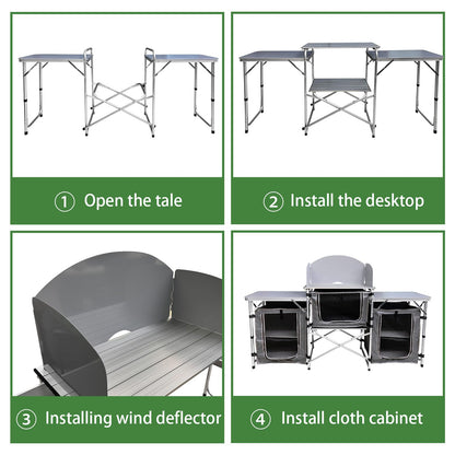 CAMP SOLUTIONS Camping Kitchen Table, Portable Folding Aluminum Cooking Table with 3 Storage Cupboards and Carrying Bags, Outdoor Cooking Station for Beach BBQ RV Traveling Camping Party (Grey)