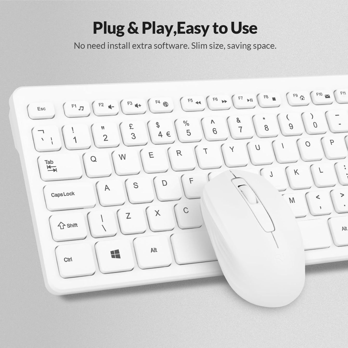 Wireless keyboard and Mouse,Rii RK200 Standard Full Size Keyboard and Mouse 104 Keys for Work Office Home UK Layout (AAA Batteries not Include)-White