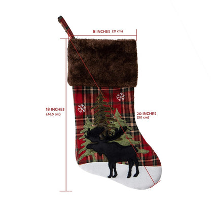 GMOEGEFT Christmas Stocking, Farmhouse Red and Black Buffalo Plaid Black Moose Embroidered Xmas Stocking, Christmas Party Decorations Fireplace Hanging Ornaments