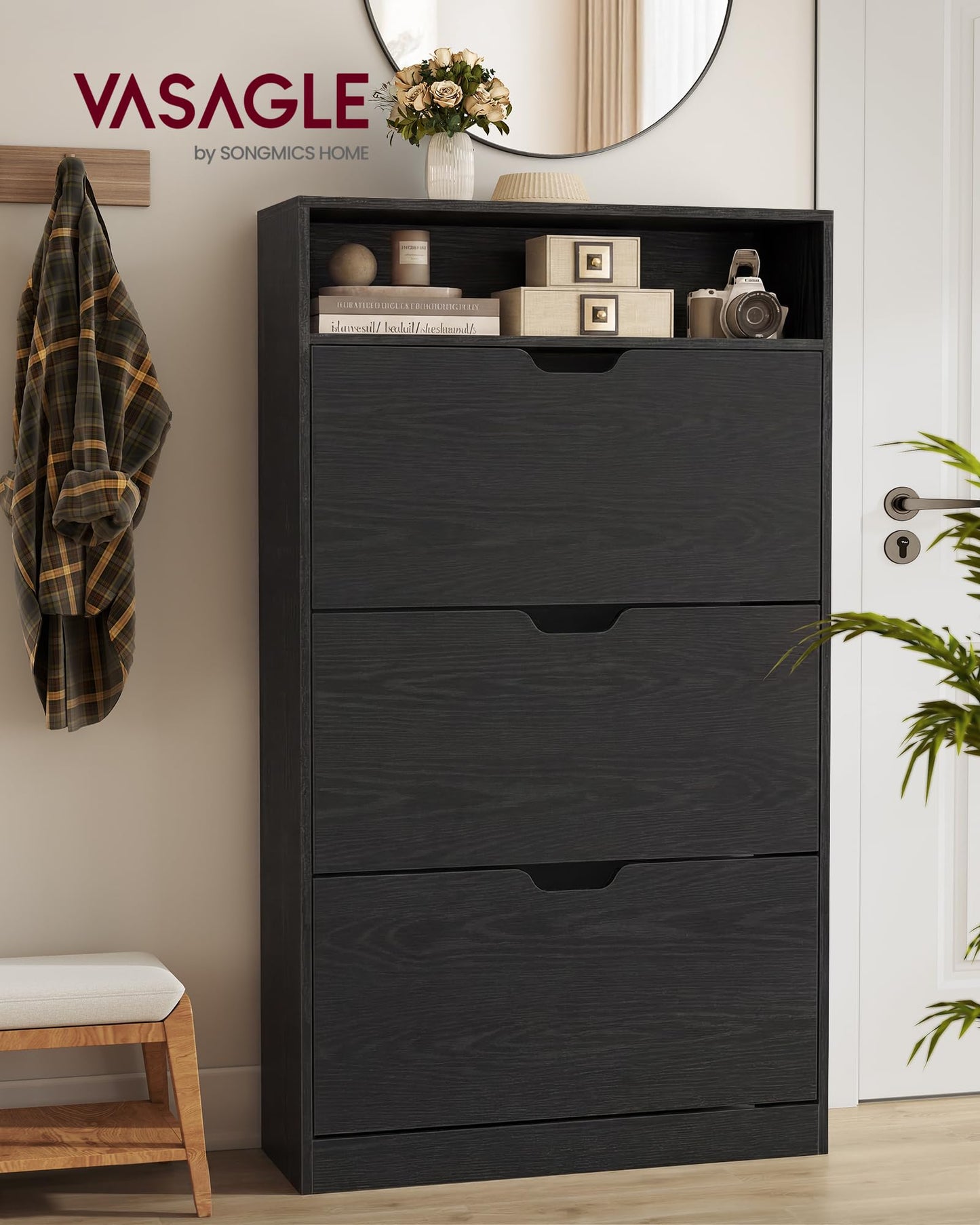 VASAGLE Custos Collection - Shoe Cabinet, Shoe Organizer, Open Compartment, Adjustable and Removable Dividers, 3 Flip Drawers, 9.4 x 31.5 x 54.5 Inches, for 21-24 Pairs, Ebony Black ULBC043BC01