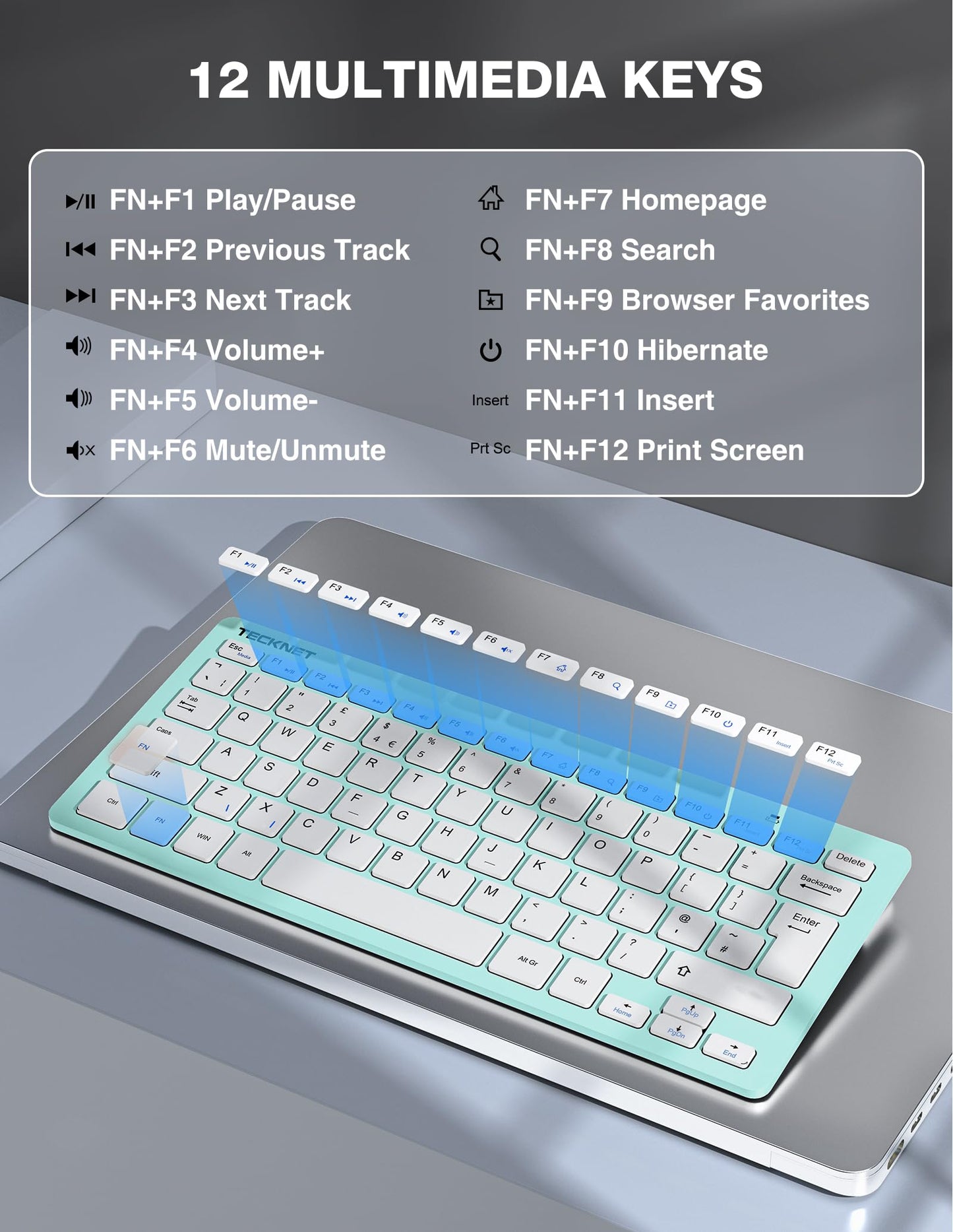 TECKNET Mini Wireless Keyboard and Mouse Set, 2.4G Cordless USB Keyboard and Silent Mouse Comb with Nano USB Receiver, 12 Multimedia Shortcuts for Computer, PC, Laptop, Desktop, Green
