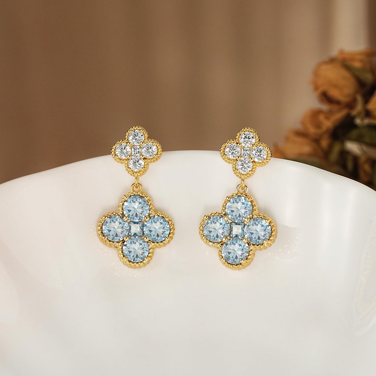 MTMY Dangle Earrings for Women 14K Gold Plated Four Leaf Clover Dangling Drop Birthstone Stud Earrings Trendy Flower Birthstone Jewelry Birthday Gifts(March)