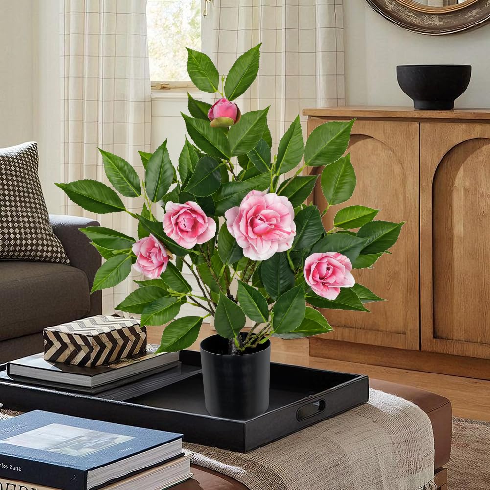 Small Artificial Camellia Roses Potted - 17.7" Pink Faux Camellia Rose Mini Tree Fake Flower Plant Artificial Plants & Flowers Indoor with Planter for Home Office Living Room Porch Arrangement Decor