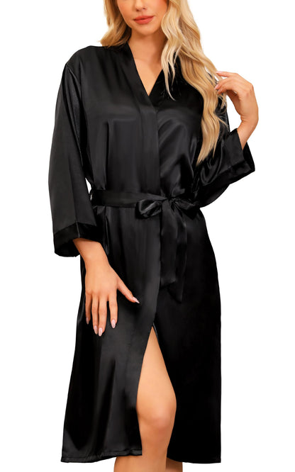 Sopesil Women's Satin Dressing Gowns Long Ladies Kimono Morning Robes Bridal Soft Wedding Party Sleepwear V-Neck,Black, L
