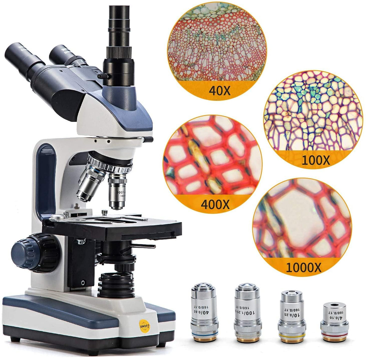 Swift SW350T Compound Trinocular Microscope,40X-2500X Magnification,Two-Layer Mechanical Stage,with 5.0 mp Camera and Software Windows/Mac Compatible and 5 PCS Prepared Slides and 5 PCS Blank Slides