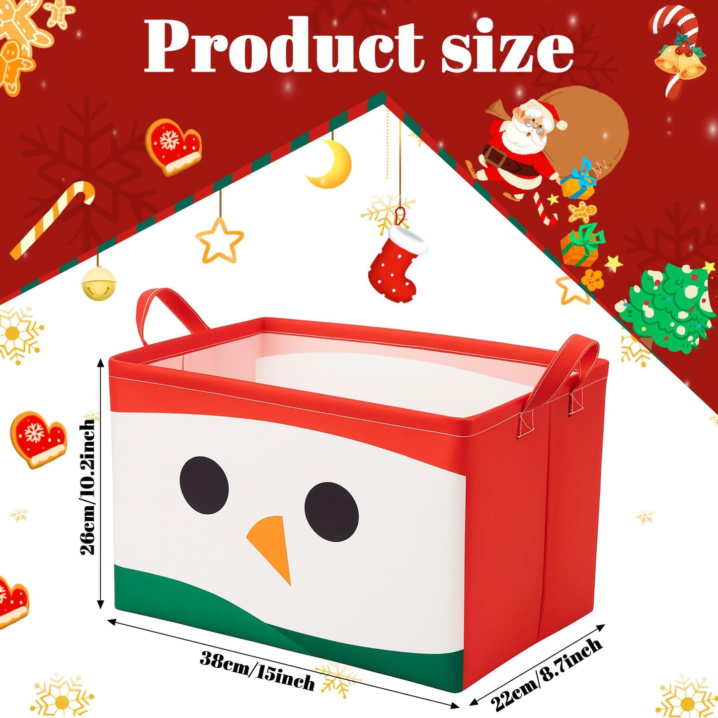 Wonderjune 6 Pcs Large Christmas Storage Basket 15 x 8.7 x 10.2 Inch Empty Christmas Gift Baskets with Handle Rectangle Foldable Xmas Storage Bin Organizer Box with Handle for Family Cloth Toy Gifts