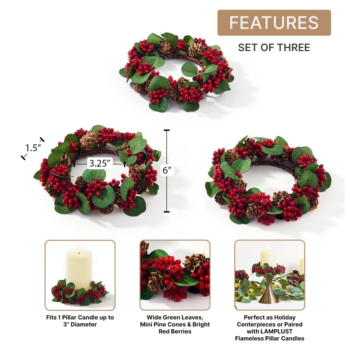 LampLust Winter Candle Rings, Set of 3 Mini Wreaths With Pine Cones & Red Berries, Fit 3 Inch Pillar Candles, Table Decor, Farmhouse Mantel Decor