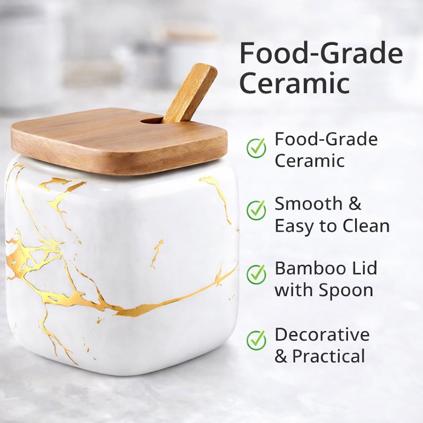KIDYBELL Ceramic Spice Jars Porcelain Condiment Jars Set Marble Ceramic Seasoning Box 3pcs Condiment Pots for salt, sugar, pepper Kitchen Seasoning Condiment Jar Set