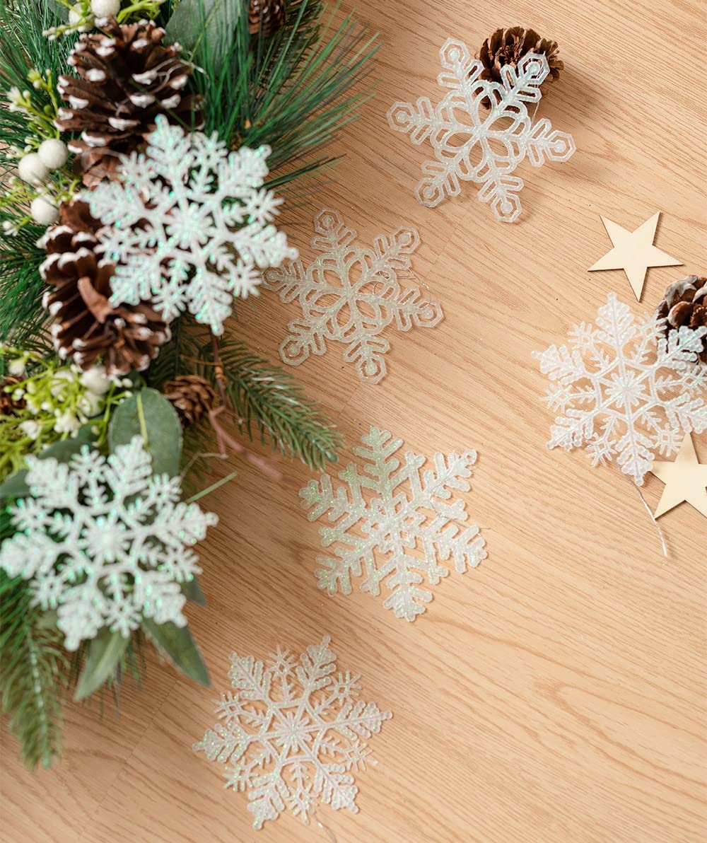 48pcs 4 Inch Pre-Strung White Snowflake Ornaments for Christmas Tree Decorations, Hanging Plastic Glitter Snowflake Christmas Ornaments Bulk in Iridescent White