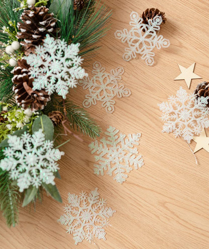 48pcs 4 Inch Pre-Strung White Snowflake Ornaments for Christmas Tree Decorations, Hanging Plastic Glitter Snowflake Christmas Ornaments Bulk in Iridescent White